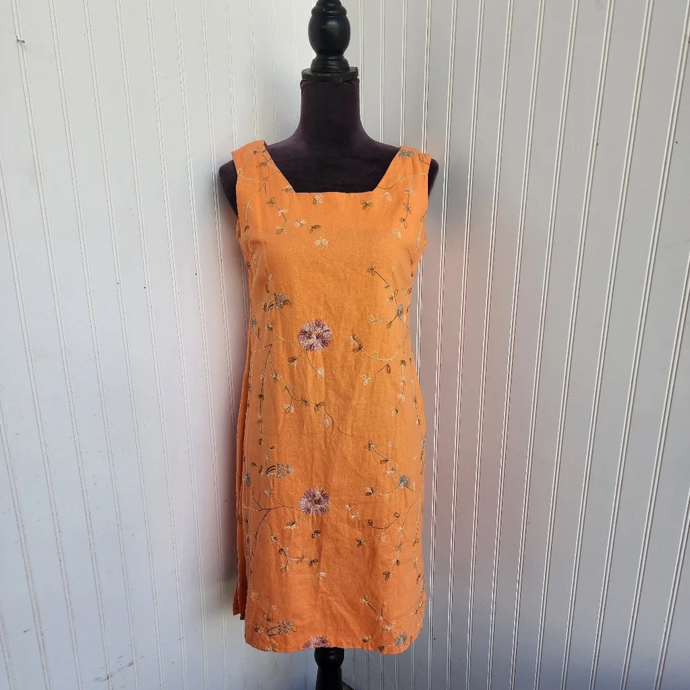 Glamour USA Dress Womens Sleeveless Linen Blend Embroidered Floral Orange Sz  S